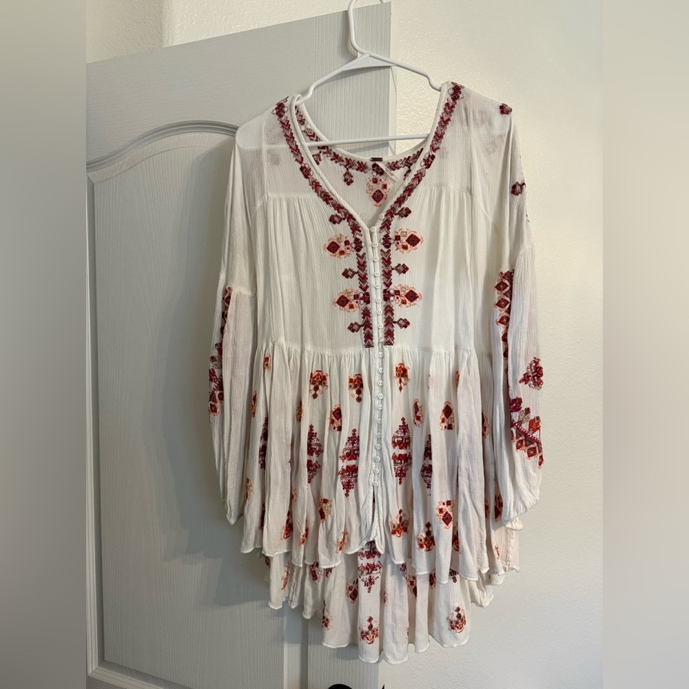 Free People Embroidered White and Pink Women's Tunic Blouse